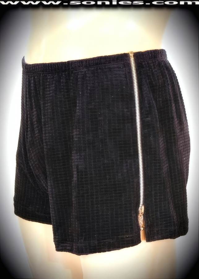 Men's Glittery Stretch Waffle Velvet Pattern Dance Wear Sensation Boxer Style Short. Mock Front Fly Detail Finish plus Contrasting Aluminum Metal Break-Away Zipper Sides with Metal Chain and Ball Tip Puller. Effortless to Pull-On and a Treat for Your Audience to See You Take it Off! (20% Lycra, 80% Nylon).   Style: 280-21B