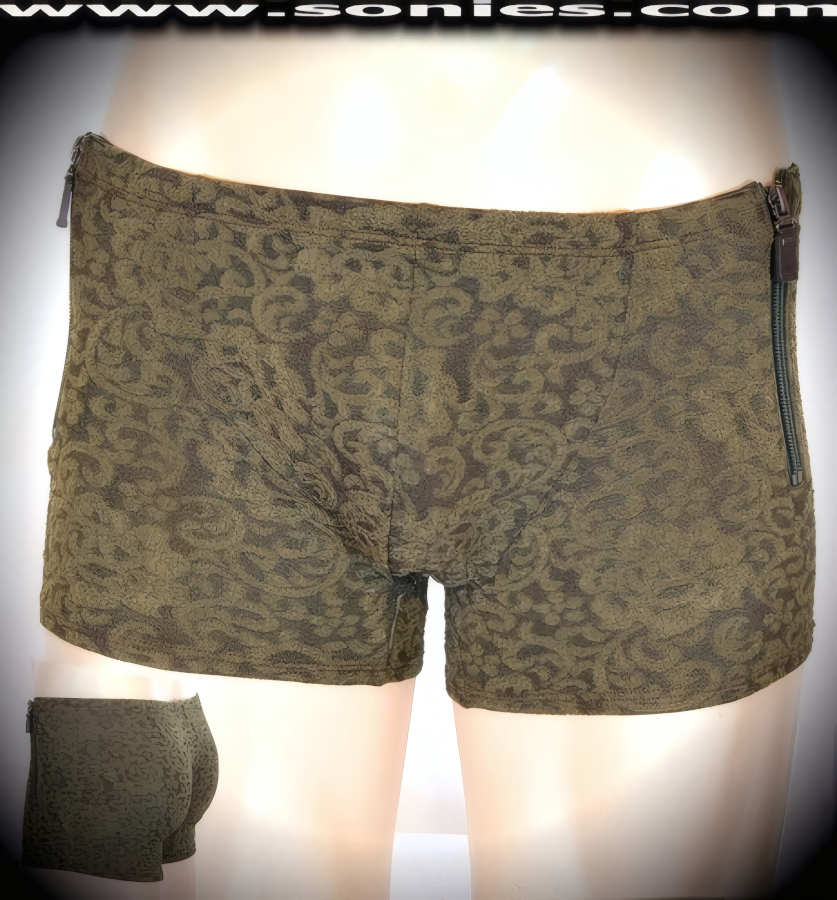 Men's William the Conqueror Sumptuous Stretch Puff Rose Lace Textured Slinky Lycra Dance Wear Wonder Shorts with Contour Pouch Detail Finish. Zip-Up Front Sides for Off and On Ease with Unique Rubber Puller (20% Lycra, 80% Nylon).   Style: 280-21D
