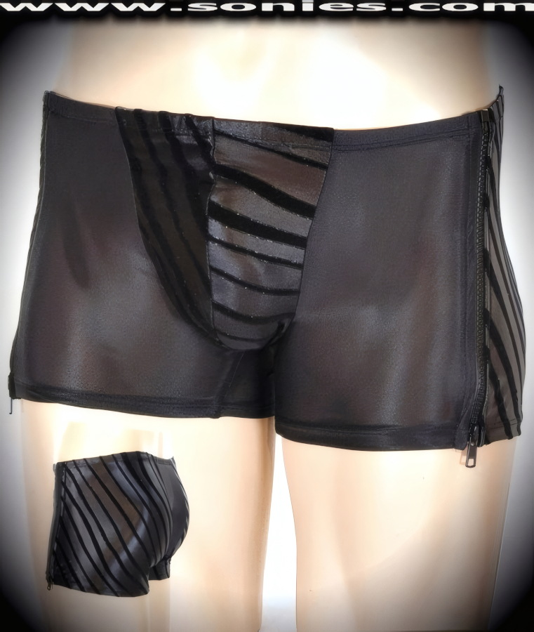 Don this very daring men's Dom body tracing dance wear low-rise styling shorts with tantalizing break-away open-ended molded plastic zipper detailing sides that zips undone with metal puller for on and off ease. Designed with an elasticized waistband, plus striped foil velvet unlined contoured front pouch to provide support and room for your package. Crafted using quality 4 way stretch Lycra fabric and striped glitter foil velvet for supreme fit and comfort. Effortless to pull-on and a treat for your audience to see you take it off! (15% Lycra, 85% Nylon. Hand wash cold and drip dry. Do not bleach). It pairs superbly with any number of tops and dashing bottoms such as thongs or G-Strings. This racy style is perfect for stage, life style events, men's competition wear, wrestling shows, pride week, monthly play parties, fetish events, adult alternative lifestyle gatherings, club wear, nightclubs, dance clubs, ladies night clubs, Bachelorette parties, male exotic Chippendale dancers, girls night out parties and more. Try this popular hot style for yourself today!   Style: 280-21G