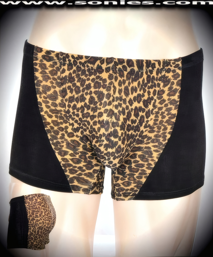Men's Upsilon Golden Leopard Print Stretch Slinky Dance Wear Wonder Shorts with Black Contrasting Sides and Contour Pouch Detail Finish (15% Lycra, 85% Nylon).   Style: 280-21I