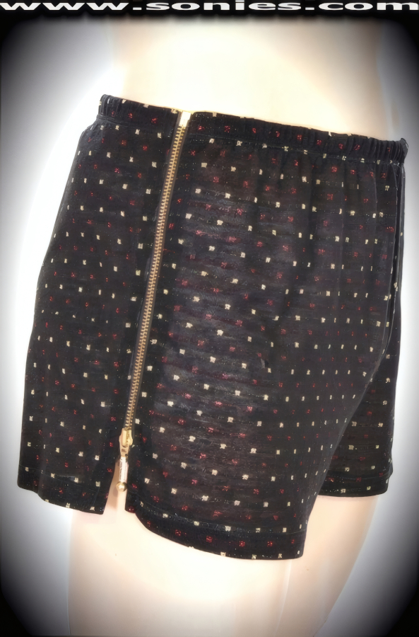 Men's Semi-Translucent Gryphon Illusion Knit Dance Wear Wonder Shorts with Gold and Red Lurex Detailing. Mock Front Fly with Brass Metal Break-Away Zipper Sides and Metal Ball Tip Puller. Effortless to Pull-On and a Treat for Your Audience to See You Take it Off!   Style: 280-21K