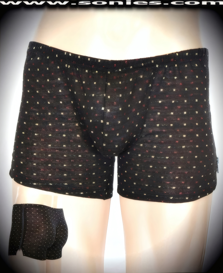Men's Semi-Translucent Erymanthus Illusion Knit Dance Wear Wonder Shorts with Gold and Red Lurex Detailing. Contour Unlined Pouch with Break-Away Zipper Sides. Effortless to Pull-On and a Treat for Your Audience to See You Take it Off!   Style: 280-21L