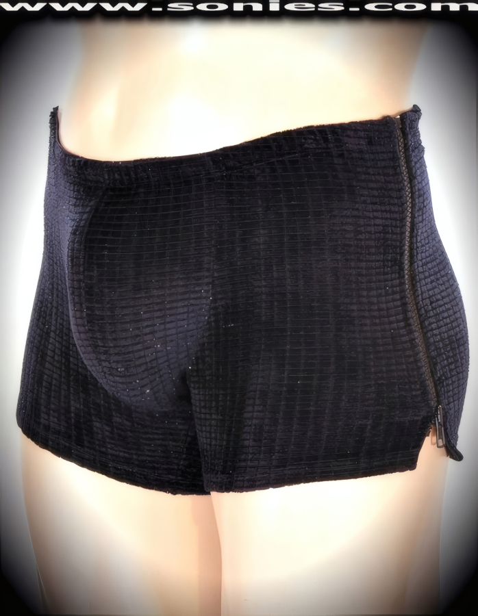 Men's Polyphemus Glittery Stretch Waffle Velvet Pattern Dance Wear Shorts with Contour Pouch and Break-Away Zipper Sides Aspect Finish. Effortless to Pull-On and a Treat for Your Audience to See You Take it Off! (20% Lycra, 80% Nylon).   Style: 280-21O