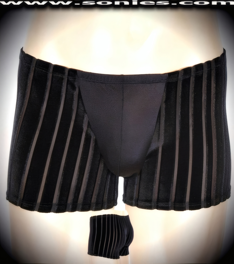 A little icing on the cake for your most special performances wearing this men's Botticelli body conscious sheer with ethereal velvet opaque vertically striped Lycra dance wear low-rise styling shorts. Designed with an elasticized waistband, solid black satin stretch Lycra unlined contoured front pouch to provide support and room for your package. Crafted using quality 4 way stretch Lycra fabric for supreme fit and comfort (15% Lycra, 85% Nylon. Hand wash cold and drip dry. Do not bleach). It pairs superbly with any number of tops and dashing bottoms such as thongs or G-Strings. This racy style is perfect for stage, life style events, men's competition wear, wrestling shows, pride week, monthly play parties, fetish events, adult alternative lifestyle gatherings, club wear, nightclubs, dance clubs, ladies night clubs, Bachelorette parties, male exotic Chippendale dancers, girls night out parties and more. Try this popular hot style for yourself today!   Style: 280-21S