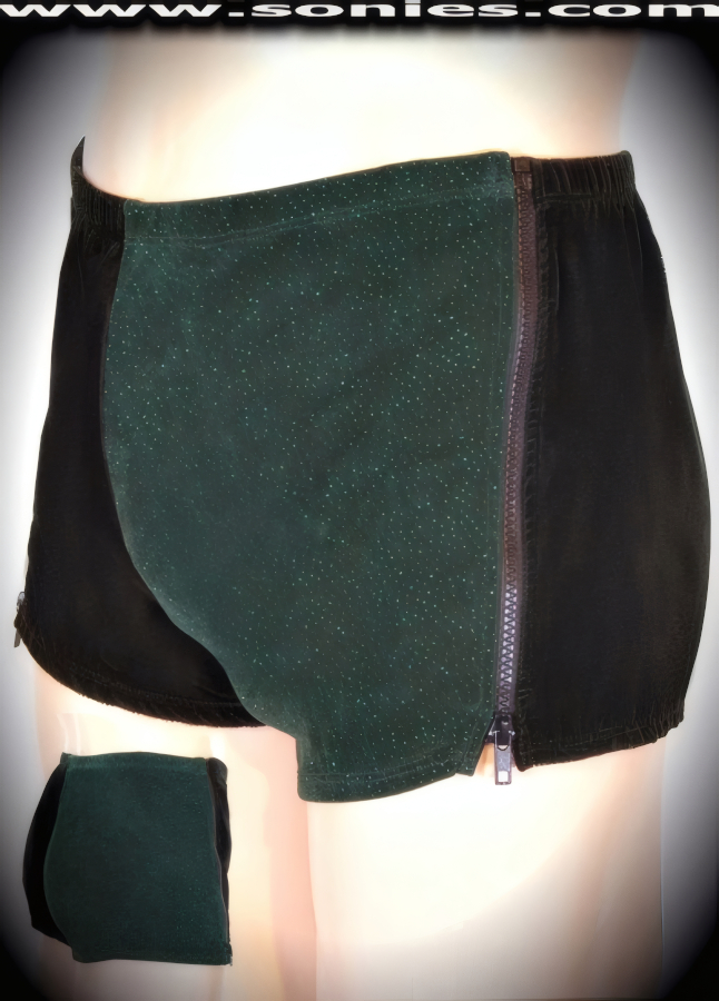 Men's Vatican Embellish Green Two Tone Dance Wear Short. Forest Green Velvet with Contrasting Glitzy Jade Green Slinky Design and Break-Away Zipper Sides Aspect Finish. Effortless to Pull-On and a Treat for Your Audience to See You Take it Off! (15% Lycra, 85% Nylon).   Style: 280-21X