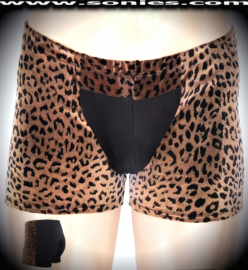 Men's Deinonychus Soft Stretch Velvet Leopard Print Dance Wear Wonder Shorts with Contrasting Black Lycra Contour Pouch and Back Detail Finish (Lycra/Nylon).   Style: 280-23F