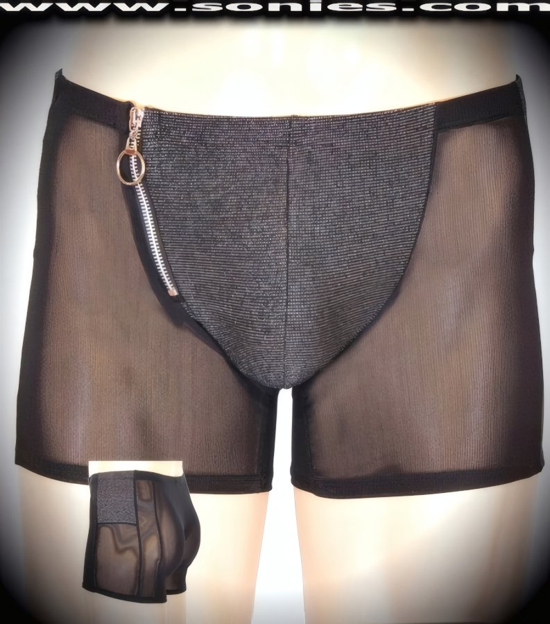 Men's Power Mesh Dance Wear Wonder Shorts with Contrasting Silver Sparkle Contour Pouch, Side Biker Zip-Up Close and Shape Defining Seams  (15% Lycra, 85% Nylon).   Style: 280-23G