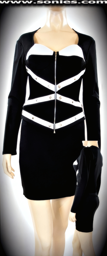 Exquisite Zip Front Lycra and Leather Two Piece Suit. Scooped Contoured Jacket, Leather Half Cups, Leather Trim on Bodice with Metal Stud Ornaments and a Hip Flattering Length Pull-On Slim Skirt.   Style: 3159DW