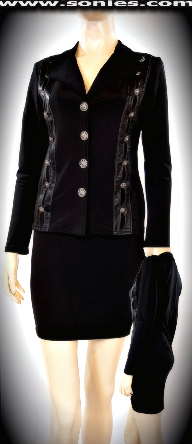 Untamed Lion Killer Two Piece Suit in Figure Smoothing Lycra and Leather. Contoured Jacket with Slightly Padded Shoulders, Notched Collar, adorned with Leather Vertical Detail and Eight Smoked Silver Small Lions Head Buttons on Both Sides of Front Bodice and Four Large Lions Head Button Front Closure. Flattering Length Pull-On Slim Skirt.   Style: 3161DW