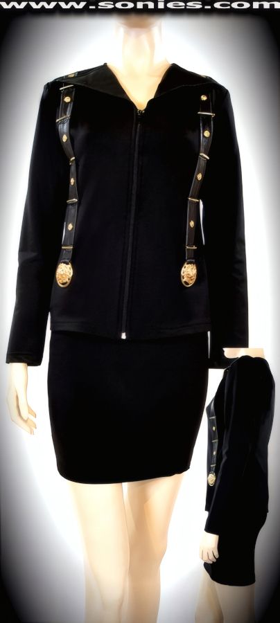 Breathtaking, Fitted to the Body Lycra and Leather Two Piece Suit. Slightly Shoulder padded Zip Front Jacket that Gently Hugs the Body, Leather Lapels and Belted Look Detail with Gold Metal Loops and Lions Head Charms Finish. Matching Hip Flattering Length Pull-On Slim Skirt.   Style: 3167DW
