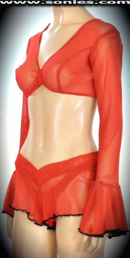 Chic by day and hot by night in this Tungurahua sheer stretch power mesh Lycra three piece set. Seductive bell sleeve crop top with contour seaming, low plunge skin baring neckline, gathered front accent, plus rear clasp closure for off and on ease detail finish. Complementing curve hugging pull-on V-shape front cheeky hot pants. The low rise design makes the torso look longer, while the high-cut thigh elongates the legs, for an incredibly seductive silhouette. Includes a matching center stage dance wear lined thong back bottom to complete this magnificent vesture (15% Lycra, 85% Nylon). May be worn with stiletto heel shoes or boots to create a phenomenal look. This style is perfect for stage, life style events, pride week, monthly play parties, fetish events, adult alternative lifestyle gatherings, bachelor parties, club wear, nightclubs, dance clubs and gentleman's clubs.   Style: 3600NETB