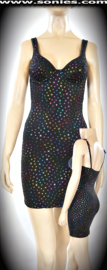Dance the night away in this Cvrsnica fashion-savvy ladies center stage bust-out cleavage style body-tracing glitzy stretch Lycra mini dress. Firm underwired softly padded cups to enhance the bust, plus adjustable shoulder straps detail finish to ensure a great fit (15% Lycra, 85% Nylon). It pairs beautifully with any number of gloves. May be worn with stiletto heel shoes to create a phenomenal look. This style is perfect for stage, life style events, monthly play parties, fetish events, adult alternative lifestyle gatherings, bachelor parties, club wear, nightclubs, dance clubs and gentleman's clubs.   STYLE: 3654STB