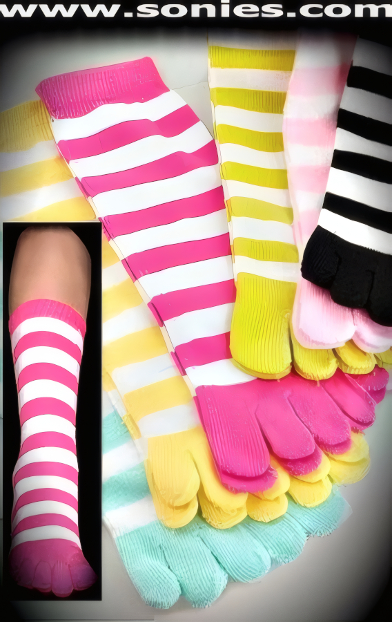 This little Naiermei piglet went to Sonie's Creations; this little piglet who's name we do not know stayed home; this little piglet bought some funky fresh toe socks; this other little piglet bought zippo; this little piglet cried out Check Out my attractive feet! all the way home. Punch-Up Quite An Impression in these Comfortably Warm Striped Naiermei Toe Socks (5% Spandex, 10% Nylon, 85% Acrylic). These fabulous toe socks are knitted so that each toe is individually encased the same way that fingers are individually encased in a glove.   Style: 3812BT