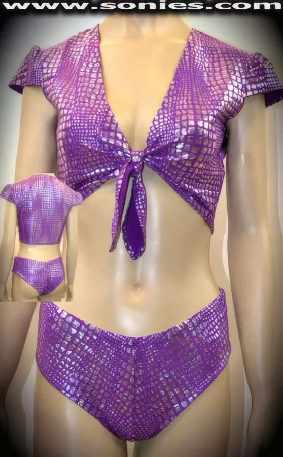 Approach the Dance Floor in this Incredible Two Piece Crocodile Silver Stretch Foil Lycra Set. Seductive Short Sleeve Crop Top with Tie Front Closure for Off and On Ease Detail Finish. Complete with Matching Curve Hugging Cheeky Hot Pants and Lined Crotch Finally (15% Lycra, 85% Nylon).    Style: 4234SC