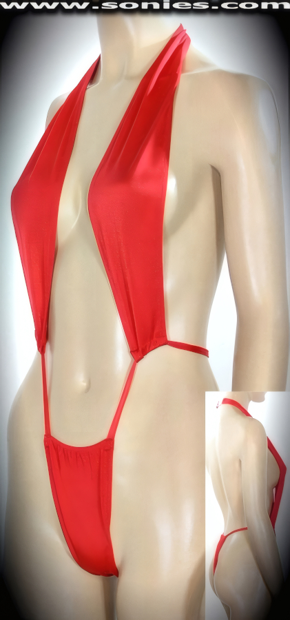 Define your shape and your sex appeal in this figure-flaunting Tlaloca stretch Lycra one-piece thong back monokini. Designed with adjustable slide front halter straps, dramatic deep plunging neckline, open back, lined crotch, clasp neck close for off and on ease detail finish. Created using four way stretch Lycra fabric to trace your bodies contour (15% Lycra, 85% Nylon. Wash delicate and hang dry). May be worn with stiletto heel shoes to create a phenomenal look. This style is perfect for professional exotic dancers, life style events, pride week, monthly play parties, fetish events, adult alternative lifestyle gatherings, bachelor parties, club wear, gentleman's clubs, and to grab serious attention when worn at the beach or lounging at the pool.   Style: 4419EGE
