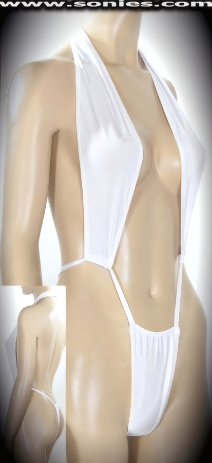 Flirty style for your flattering curves in this racy Telapon stretch Lycra one-piece thong back monokini. Designed with adjustable slide front halter straps, dramatic deep plunging neckline, open back, lined crotch, clasp neck close for off and on ease detail finish. Created using four way stretch Lycra fabric to trace your bodies contour (15% Lycra, 85% Nylon. Wash delicate and hang dry). May be worn with stiletto heel shoes to create a phenomenal look. This style is perfect for professional exotic dancers, life style events, pride week, monthly play parties, fetish events, adult alternative lifestyle gatherings, bachelor parties, club wear, gentleman's clubs, and to grab serious attention when worn at the beach or lounging at the pool.   Style: 4419FGE