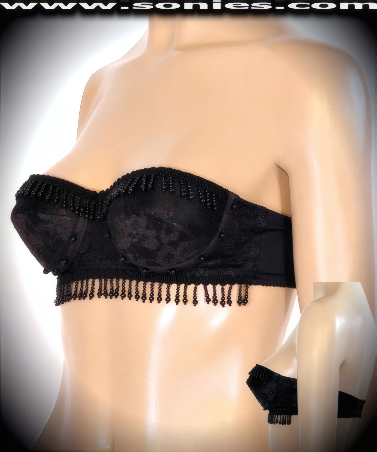 Sexy night-out style with snazzy chic flair is this breathtaking Luc�a floral lace with hand beaded strapless bra style bustier. Cleavage enhancing design with molded underwired cups that takes a small bustline and pushes it up to create a magnificently deep cleavage. Crafted with black stonewashed piping detailing along the sides of the cups, plus has an adjustable hook and eye back closure to ensure a great fit (10% Lycra, 90% Nylon, exclusive of trim. Hand wash cold and line dry. Do not bleach). It pairs beautifully with any number of risqu� bottoms such as skirts, hot pants, thongs or G-Strings. May be worn with stiletto heel shoes or boots to create a phenomenal look. This style is perfect for stage, life style events, pride week, monthly play parties, fetish events, adult alternative lifestyle gatherings, bachelor parties, club wear, nightclubs, dance clubs and gentleman's clubs.  Style: 4991SC