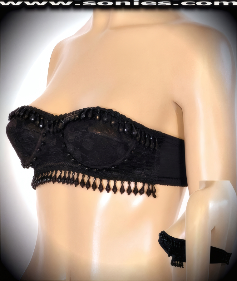 Sleek, stop-staring style for sexy nights out is this racy Lupe floral lace with hand beaded strapless bra style bustier. Cleavage enhancing design with molded underwired cups that takes a small bustline and pushes it up to create a magnificently deep cleavage. Crafted with black stonewashed piping detailing along the sides of the cups, plus has an adjustable hook and eye back closure to ensure a great fit (10% Lycra, 90% Nylon, exclusive of trim. Hand wash cold and line dry. Do not bleach). It pairs beautifully with any number of risqu� bottoms such as skirts, hot pants, thongs or G-Strings. May be worn with stiletto heel shoes or boots to create a phenomenal look. This style is perfect for stage, life style events, pride week, monthly play parties, fetish events, adult alternative lifestyle gatherings, bachelor parties, club wear, nightclubs, dance clubs and gentleman's clubs.  Style: 4994SC