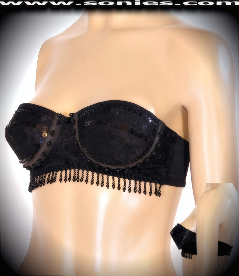 Shapely and Seductive in this Romulus exquisite lace with hand beaded strapless bra style bustier. Cleavage enhancing design with molded underwired cups that takes a small bustline and pushes it up to create a magnificently deep cleavage. Adjustable hook and eye back closure to ensure a great fit. It pairs beautifully with any number of risqu� bottoms such as skirts, hot pants, thongs or G-Strings. May be worn with stiletto heel shoes or boots to create a phenomenal look. This style is perfect for stage, life style events, pride week, monthly play parties, fetish events, adult alternative lifestyle gatherings, bachelor parties, club wear, nightclubs, dance clubs and gentleman's clubs.  Style: 4996SC