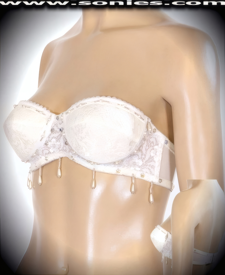 Sexy and magnetic, the cameras will love you in this glamorous Lorita hand beaded lace with faux pearls and rhinestone accented strapless bra style bustier. Cleavage enhancing design with molded underwired cups that takes a small bustline and pushes it up to create a magnificently deep cleavage. Adjustable hook and eye back closure to ensure a great fit (10% Lycra, 90% Nylon, exclusive of trim. Hand wash cold and line dry. Do not bleach). It pairs beautifully with any number of risqu� bottoms such as skirts, hot pants, thongs or G-Strings. May be worn with stiletto heel shoes or boots to create a phenomenal look. This style is perfect for stage, life style events, pride week, monthly play parties, fetish events, adult alternative lifestyle gatherings, bachelor parties, club wear, nightclubs, dance clubs and gentleman's clubs.   Style: 4998SC