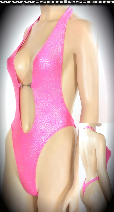 Sexy flies high in this body-flattering Volca� halter style stretch Lycra glitter foil one-piece thong back monokini. Designed with a dramatic deep plunging keyhole neckline, open back, lined crotch, tantalizing center front metal accent connect, plus neck back clasp closure for off and on ease detail finish. Created using four way stretch glitter foil Lycra fabric to trace your bodies contour and offers a stunning effect under any lighting (15% Lycra, 85% Nylon. Wash delicate and hang dry. Exposure to salt water and chlorine not recommended). May be worn with stiletto heel shoes to create a phenomenal look. This style is perfect for professional exotic dancers, life style events, pride week, monthly play parties, fetish events, adult alternative lifestyle gatherings, bachelor parties, club wear, gentleman's clubs, and to grab serious attention when worn at the beach or lounging at the pool.   Style: 670-031F