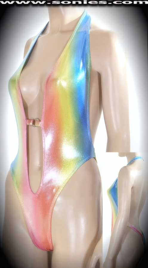Indulge yourself in this sleek Ag�ey halter style stretch Lycra glimmer hologram one-piece thong back monokini. Designed with a dramatic deep plunging keyhole neckline, open back, lined crotch, tantalizing center front metal O-ring connect, plus neck back clasp closure for off and on ease detail finish. Created using four way stretch glimmer hologram Lycra fabric to trace your bodies contour and offers a stunning effect under any lighting (15% Lycra, 85% Nylon. Wash delicate and hang dry. Exposure to salt water and chlorine not recommended). May be worn with stiletto heel shoes to create a phenomenal look. This style is perfect for professional exotic dancers, life style events, pride week, monthly play parties, fetish events, adult alternative lifestyle gatherings, bachelor parties, club wear, gentleman's clubs, and to grab serious attention when worn at the beach or lounging at the pool.   Style: 670-082