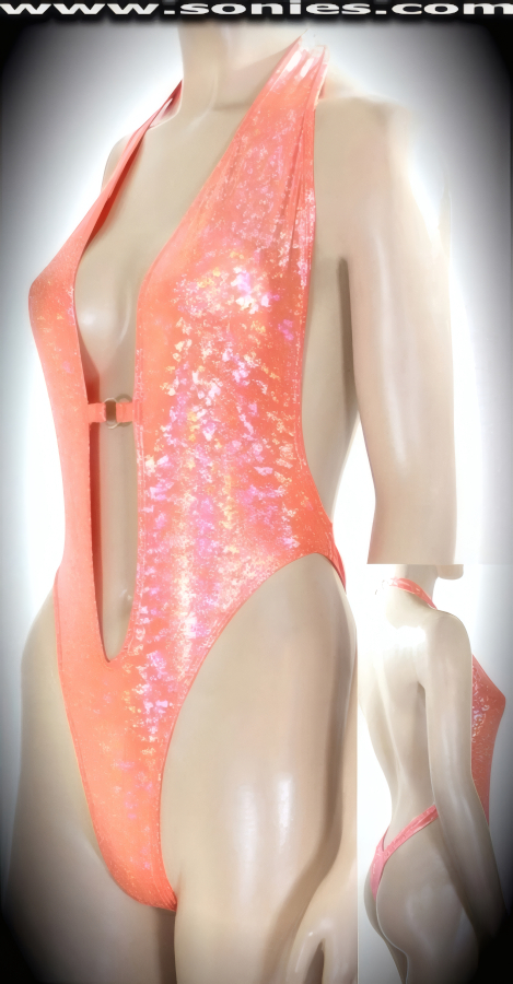 The sexy little Prima halter style stretch Lycra glimmer hologram one-piece thong back monokini in a modern design. Designed with a dramatic deep plunging keyhole neckline, open back, lined crotch, tantalizing center front metal O-ring connect, plus neck back clasp closure for off and on ease detail finish. Created using four way stretch glimmer hologram Lycra fabric to trace your bodies contour and offers a stunning effect under any lighting (15% Lycra, 85% Nylon. Wash delicate and hang dry. Exposure to salt water and chlorine not recommended). May be worn with stiletto heel shoes to create a phenomenal look. This style is perfect for professional exotic dancers, life style events, pride week, monthly play parties, fetish events, adult alternative lifestyle gatherings, bachelor parties, club wear, gentleman's clubs, and to grab serious attention when worn at the beach or lounging at the pool.   Style: 670-082B