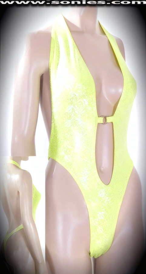 Breeze through the yacht party in this fabulous Mavera halter style stretch Lycra glitter foil one-piece thong back monokini. Designed with a dramatic deep plunging keyhole neckline, open back, lined crotch, tantalizing center front metal O-ring connect, plus neck back clasp closure for off and on ease detail finish. Created using four way stretch glitter foil Lycra fabric to trace your bodies contour and offers a stunning effect under any lighting (15% Lycra, 85% Nylon. Wash delicate and hang dry. Exposure to salt water and chlorine not recommended). May be worn with stiletto heel shoes to create a phenomenal look. This style is perfect for professional exotic dancers, life style events, pride week, monthly play parties, fetish events, adult alternative lifestyle gatherings, bachelor parties, club wear, gentleman's clubs, and to grab serious attention when worn at the beach or lounging at the pool.   Style: 670-082C