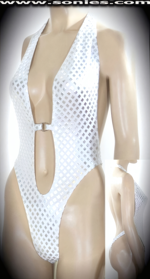 Not for wallflowers, as this very appealing Chich�n halter style stretch Lycra silver armor foil one-piece thong back monokini follows your stunning curves. Designed with a dramatic deep plunging keyhole neckline, open back, lined crotch, tantalizing center front metal O-ring connect, plus neck back clasp closure for off and on ease detail finish. Created using four way stretch silver armor foil Lycra fabric to trace your bodies contour and offers a stunning effect under any lighting (15% Lycra, 85% Nylon. Wash delicate and hang dry. Exposure to salt water and chlorine not recommended). May be worn with stiletto heel shoes to create a phenomenal look. This style is perfect for professional exotic dancers, life style events, pride week, monthly play parties, fetish events, adult alternative lifestyle gatherings, bachelor parties, club wear, gentleman's clubs, and to grab serious attention when worn at the beach or lounging at the pool.   Style: 670-082F