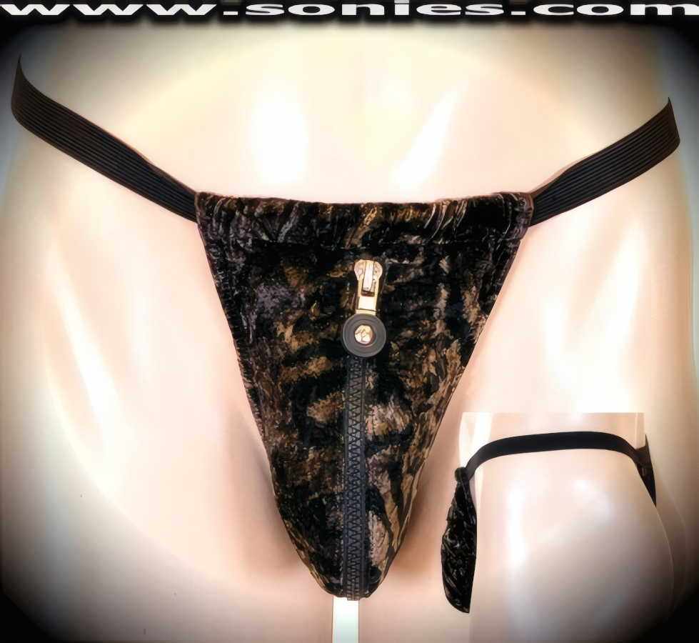Aggressively Exotic in this Men's Atropos Rich Velvet Leopard Print Dance Wear Thong with Elasticized Waistband. Lined Contour Pouch with Zip-Up Front Opening for Added Teasing Effect Detail Finally. Unique Rubber Puller on Zipper for a more dramatic appearance.   Style: 7001SKB