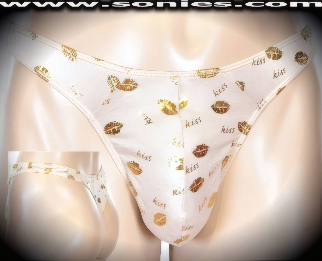 Men's Amphitrite Sexy Lips with Kiss Calligraphy Gold Foil Dance Wear Thong with Unlined Contoured Front Pouch to provide support and room for your package. This is a thong that stretches and shimmers just enough to let you know that it's all about Sweet Kisses (Lycra/Nylon).   Style: 7008SI