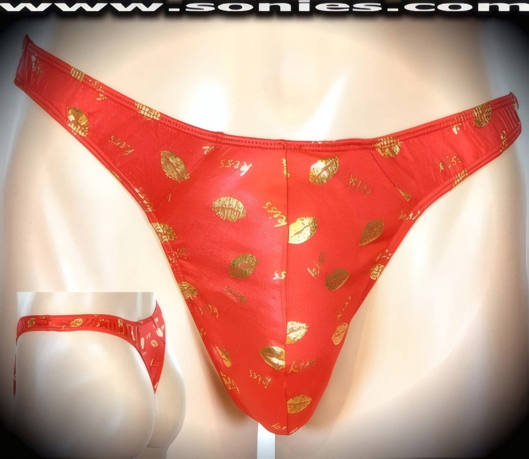 Men's Anchises Sexy Lips with Kiss Calligraphy Gold Foil Dance Wear Thong with Unlined Contoured Front Pouch to provide support and room for your package. This is a thong that stretches and shimmers just enough to let you know that it's all about Sweet Kisses (Lycra/Nylon).   Style: 7008SM