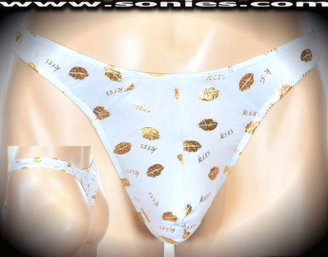 Men's Anteros Sexy Lips with Kiss Calligraphy Gold Foil Dance Wear Thong with Unlined Contoured Front Pouch to provide support and room for your package. This is a thong that stretches and shimmers just enough to let you know that it's all about Sweet Kisses (Lycra/Nylon).   Style: 7008SN