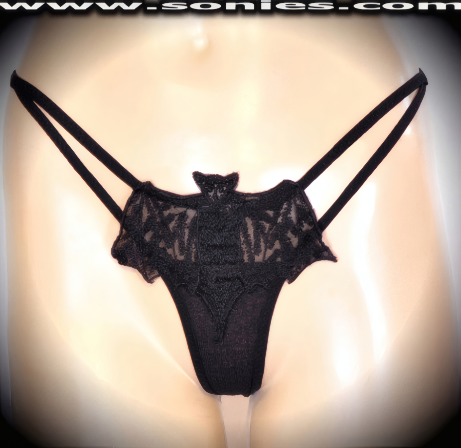 Racy and bewitching in this adult entertainer's low-rise fantasy sheer fine mesh with exquisitely embroidered eye-captivating Transylvania bat front detailing dance wear G-String panty. Irresistibly enticing panty features double elasticized strappy cutout front sides to insure a great fit, cotton lined crotch, and stunning sheer V-Shape back finally (10% Lycra, 90% Nylon. Wash delicate and hang dry). It pairs beautifully with any number of risqu� tops. May be worn with stiletto heel shoes or boots to create a phenomenal look. This style is perfect for stage, bedroom performance, life style events, pride week, monthly play parties, fetish events, adult alternative lifestyle gatherings, bachelor parties and gentleman's clubs.   Style: 8468B2313KSA