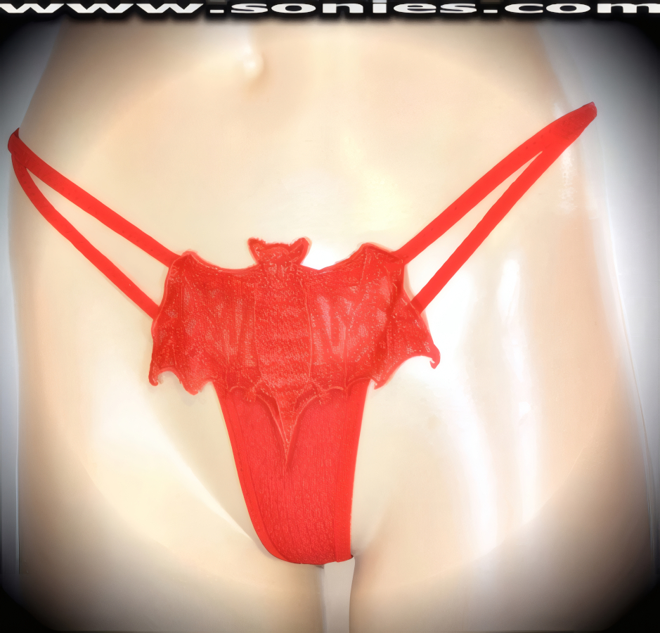 Racy and bewitching in this adult entertainer's low-rise fantasy sheer fine mesh with exquisitely embroidered eye-captivating Transylvania bat front detailing dance wear G-String panty. Irresistibly enticing panty features double elasticized strappy cutout front sides to insure a great fit, cotton lined crotch, and stunning sheer V-Shape back finally (10% Lycra, 90% Nylon. Wash delicate and hang dry). It pairs beautifully with any number of risqu� tops. May be worn with stiletto heel shoes or boots to create a phenomenal look. This style is perfect for stage, bedroom performance, life style events, pride week, monthly play parties, fetish events, adult alternative lifestyle gatherings, bachelor parties and gentleman's clubs.   Style: 8468B2313KSD