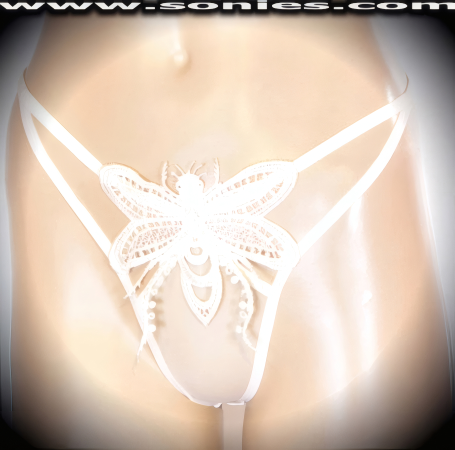 A glamorous silhouette that's forever sexy in this adult entertainer's low-rise fantasy sheer fine mesh with exquisitely embroidered eye-captivating Predatory Wasp front detailing dance wear thong bottom. Irresistibly enticing panty features double elasticized strappy cutout front sides to create an impressive look, cotton lined crotch, and exquisite opaque stretch Lycra thong back finally to insure a comfortable fit (10% Lycra, 90% Nylon. Wash delicate and hang dry). It pairs beautifully with any number of risqu� tops. May be worn with stiletto heel shoes or boots to create a phenomenal look. This style is perfect for stage, bedroom performance, life style events, pride week, monthly play parties, fetish events, adult alternative lifestyle gatherings, bachelor parties and gentleman's clubs.   Style: 8468B8013KSA