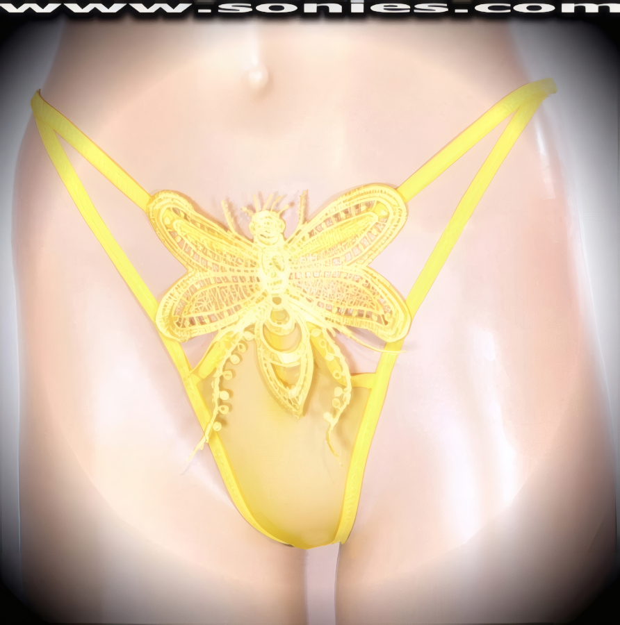A glamorous silhouette that's forever sexy in this adult entertainer's low-rise fantasy sheer fine mesh with exquisitely embroidered eye-captivating Predatory Wasp front detailing dance wear thong bottom. Irresistibly enticing panty features double elasticized strappy cutout front sides to create an impressive look, cotton lined crotch, and exquisite opaque stretch Lycra thong back finally to insure a comfortable fit (10% Lycra, 90% Nylon. Wash delicate and hang dry). It pairs beautifully with any number of risqu� tops. May be worn with stiletto heel shoes or boots to create a phenomenal look. This style is perfect for stage, bedroom performance, life style events, pride week, monthly play parties, fetish events, adult alternative lifestyle gatherings, bachelor parties and gentleman's clubs.   Style: 8468B8013KSF