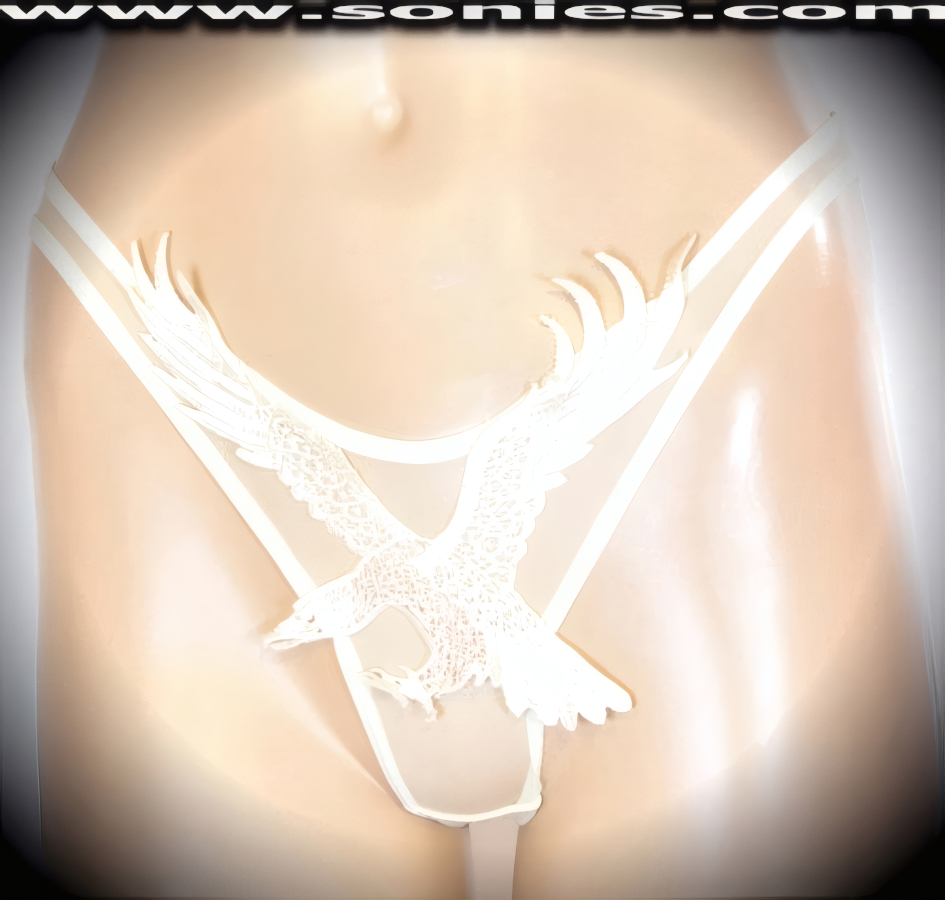 Nothing exudes bombshell sex appeal like this adult entertainer's low-rise fantasy sheer fine mesh with exquisitely embroidered eye-captivating Bald Eagle front detailing dance wear thong bottom. Irresistibly enticing panty features elasticized edging, sheer front to create an impressive look, cotton lined crotch, and exquisite opaque stretch Lycra thong back finally to insure a comfortable fit (10% Lycra, 90% Nylon. Wash delicate and hang dry). It pairs beautifully with any number of risqu� tops. May be worn with stiletto heel shoes or boots to create a phenomenal look. This style is perfect for stage, bedroom performance, life style events, pride week, monthly play parties, fetish events, adult alternative lifestyle gatherings, bachelor parties and gentleman's clubs.   Style: 8468E2030KSA