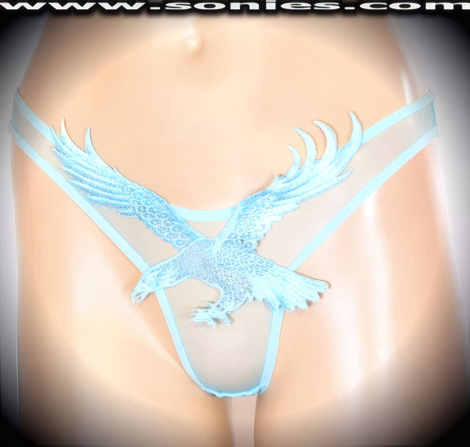 Nothing exudes bombshell sex appeal like this adult entertainer's low-rise fantasy sheer fine mesh with exquisitely embroidered eye-captivating Bald Eagle front detailing dance wear thong bottom. Irresistibly enticing panty features elasticized edging, sheer front to create an impressive look, cotton lined crotch, and exquisite opaque stretch Lycra thong back finally to insure a comfortable fit (10% Lycra, 90% Nylon. Wash delicate and hang dry). It pairs beautifully with any number of risqu� tops. May be worn with stiletto heel shoes or boots to create a phenomenal look. This style is perfect for stage, bedroom performance, life style events, pride week, monthly play parties, fetish events, adult alternative lifestyle gatherings, bachelor parties and gentleman's clubs.   Style: 8468E2030KSC