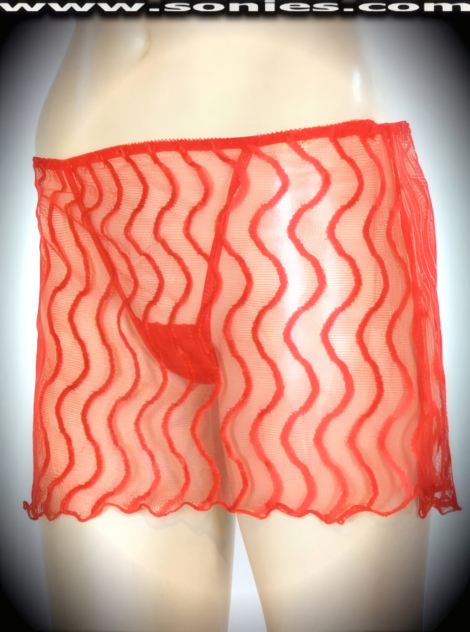 Keep it short and sexy in this flirty adult entertainer's Seriphus low-rise stretch wave lace pull-on mini-skirt that reveals a tempting attached lined center stage thong back panty. Features a silky soft sheer mesh fabric to trace your bodies contour and a comfort elasticized waistband to ensure a great fit. The low rise design makes the torso look longer for an incredibly seductive silhouette (10% Spandex, 90% Nylon. Wash delicate and hang dry). It pairs beautifully with any number of risqu� tops. May be worn with stiletto heel shoes or boots to create a phenomenal look. This style is perfect for stage, life style events, pride week, monthly play parties, fetish events, adult alternative lifestyle gatherings, bachelor parties, club wear, nightclubs, dance clubs, and gentleman's clubs.   STYLE: 915SK