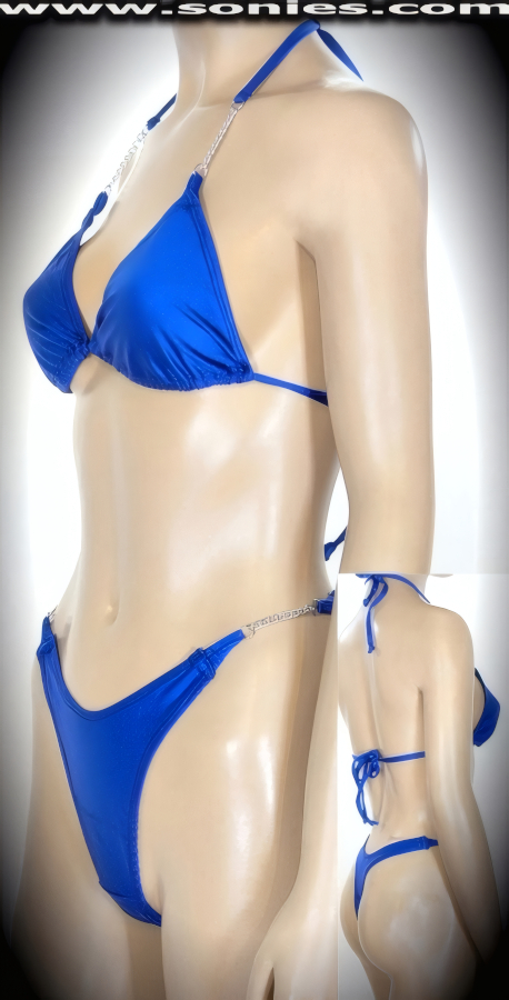 This sexy Marq�es stretch Lycra two piece bikini set with eye-captivating chain accent connect detailing walks a fine line between seductive and scandalous. Adjustable slide and tie triangle top for minimal or maximum coverage and is designed to fit all busts. Halter straps tie around neck and back to ensure a great fit. Includes a matching thong back bottom with low scoop front, lined crotch and chain accent connect sides finally. Created using four way stretch Lycra fabric to trace your bodies contour (15% Lycra, 85% Nylon. Wash delicate and hang dry. Exposure to salt water and chlorine not recommended). May be worn with stiletto heel shoes to create a phenomenal look. This style is perfect for professional exotic dancers, life style events, pride week, monthly play parties, fetish events, adult alternative lifestyle gatherings, bachelor parties, club wear, gentleman's clubs, and to look your best at the beach or lounging at the pool.   Style: 923F