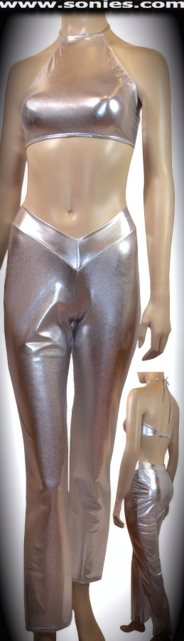Entrancingly Beautiful in Our Ladies Clytaemnestra Stretch Liquid Lam� Three Piece Set. Halter High-Neck Little Crop Top with Tie Straps on Neck and Clasp Back Closure. V-Front Hip Hugger Pull-On Pant with Slightly Flared Legs Detail Finish and Complementing Lined Thong Panty.  STYLE: 970-081
