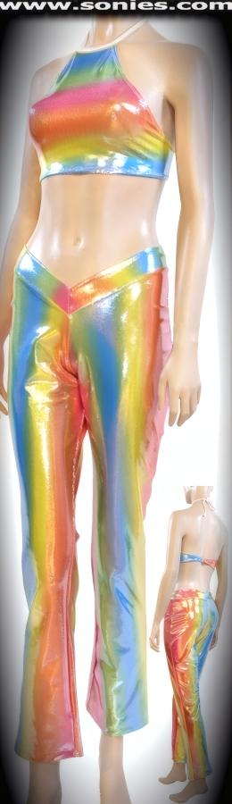 Sensational, Seductive and Oh-So Sexy in Our Ladies Stretch Hologram Lycra Three Piece Set. Halter High-Neck Little Crop Top with Tie Straps on Neck and Clasp Back Closure. V-Front Hip Hugger Pull-On Pant with Slightly Flared Legs Detail Finish and Complementing Lined Thong Panty.  STYLE: 970-082
