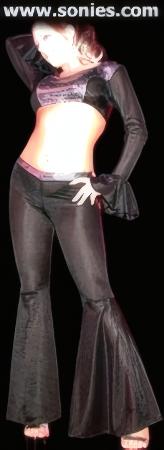 You'll cause a commotion in this magnificent Rhododactylos mesh with diamond hologram Lycra contrasting set. Luscious bell sleeve crop top with rear clasp closure for off and on ease. Complementing curve hugging v-front pull-on pants with bell bottom legs detail finish (15% Lycra, 85% Nylon). It pairs beautifully with any number of risqu� gloves. May be worn with stiletto heel shoes or boots to create a phenomenal look. This style is perfect for stage, life style events, pride week, monthly play parties, fetish events, adult alternative lifestyle gatherings, bachelor parties, club wear, nightclubs, dance clubs and gentleman's clubs.   STYLE: 974-008