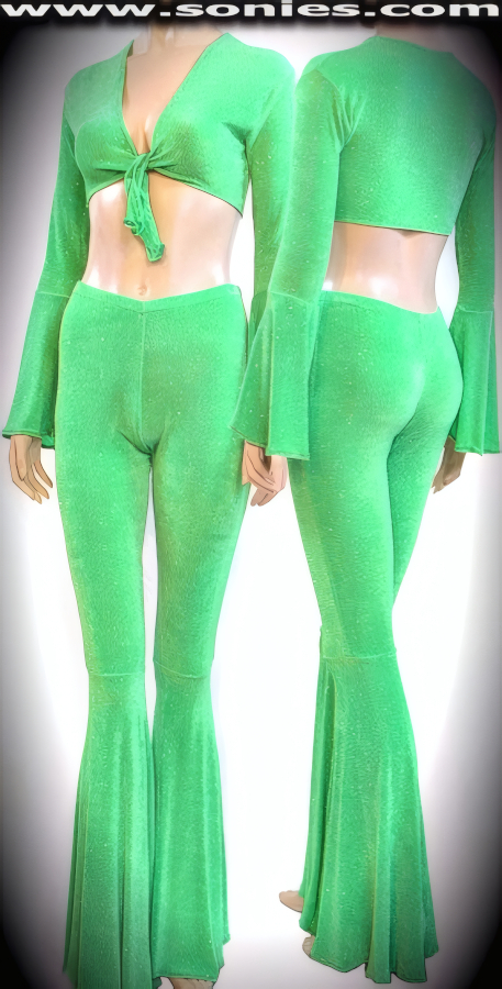 Dominate the Dance Floor in this Captivating El Asalto Sexy Flamenco Two Piece Stretch Glitter Slinky Lycra Set. Luscious Bell Sleeve Crop Top with Skin Baring Neckline plus Tie Front Closure for Off and On Ease. Complementing Curve Hugging Scoop Front and Back Pull-On Pants with Bell Bottom Legs Detail Finish (15% Lycra, 85% Nylon).   Style: 974-009SC