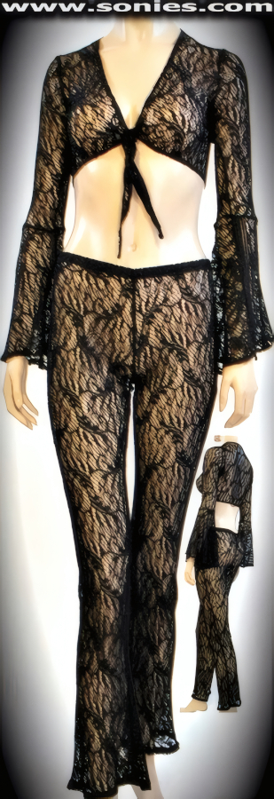 A chic Exotic look that longs to be noticed. Audacious Two Piece Translucent Glimmer Bogong Lace Set. Luscious Skin Baring Bell Sleeve Crop Top with Tie Front Closure for Off and On Ease. Complementing Curve Hugging See-Through Pull-On Pants with Subtle Flared Legs Finally.   STYLE: 975-011SC