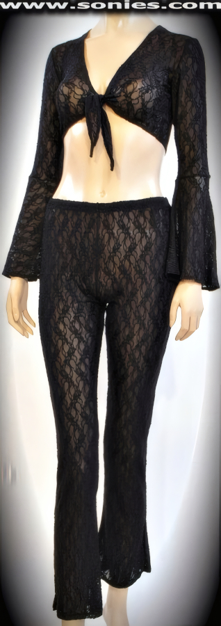 Come across with a lot of appeal in this Dauntless Two Piece Translucent Hotham Stretch Floral Lace Set. Luscious Skin Baring Bell Sleeve Crop Top with Tie Front Closure for Off and On Ease. Complementing Curve Hugging See-Through Pull-On Pants with Subtle Flared Legs Finally.   STYLE: 975-012SC