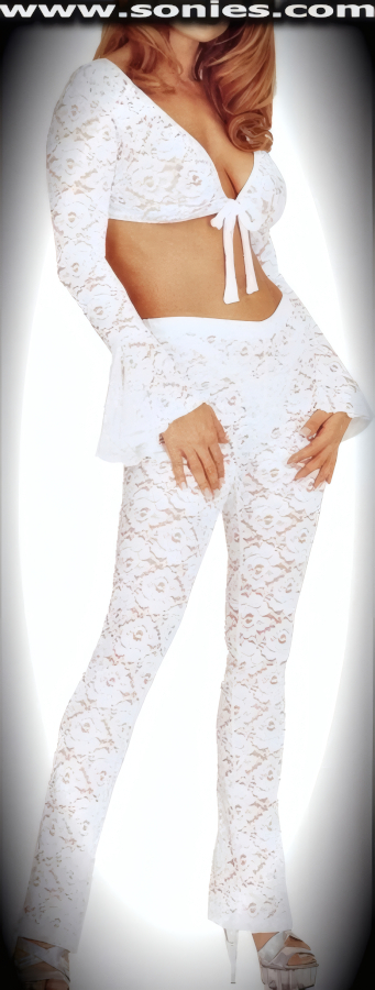 Vamos a Bailar in this Daring Three Piece Translucent Kosciuszko Floral Stretch Lace Set. Luscious Bell Sleeve Crop Top with Tie Front Closure for Off and On Ease. Complementing Curve Hugging See-Through Pull-On Pants with Subtle Flared Legs plus Center Stage Micro Dance Wear Panty with Lined Crotch and Thong Back Finally.   STYLE: 975-013SC