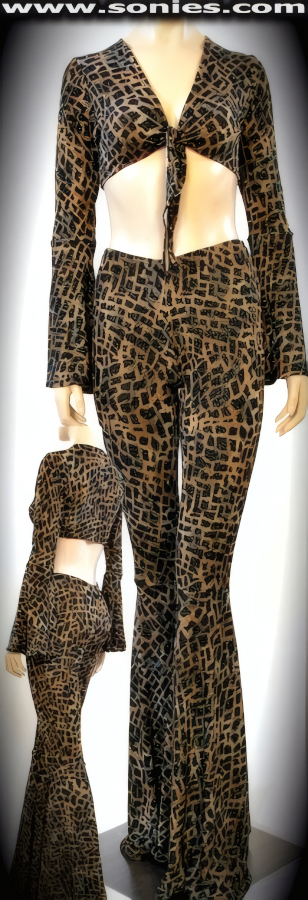Confiscate the Center Stage in this Fiercely Wild and Sexy Belukha Flamenco Two Piece Stretch Glitter Leopard Print Slinky Set. Bell Sleeve Tie Front Crop Top with Complementing Hip Hugging Pull-On Bell Bottom Detail Finish Pants (15% Lycra, 85% Nylon).   STYLE: 975-034SCLE