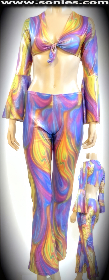 Vayamos a Bailar La Bachata in this Shimmering Stretch Lycra Three Piece Set. Luscious Bell Sleeve Tie Front Crop Top with Complementing Hip Hugger Pull-On Pants and Slightly Flared Legs Detail Finish. Complete with Matching Lined Thong Back Panty (15% Lycra, 85% Nylon).     STYLE: 975-055LRA